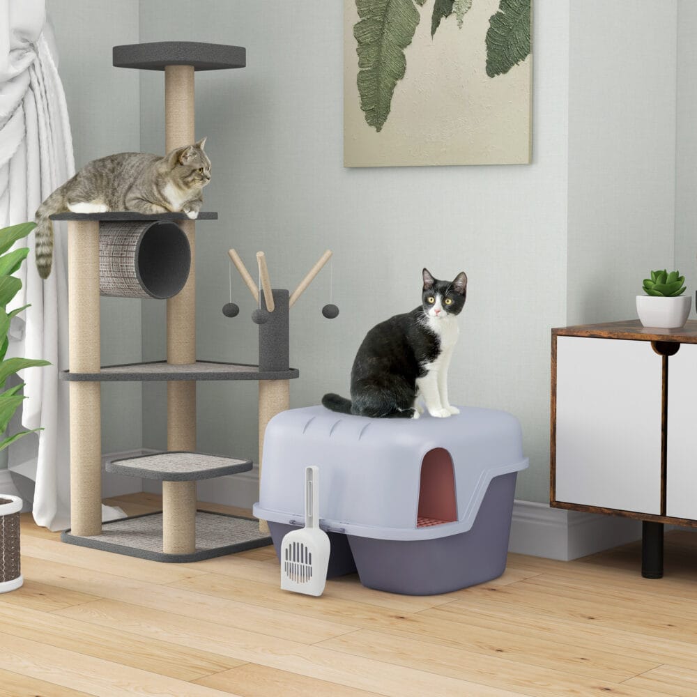 Violette Katzentoilette mit Deckel und Sieb, für Katzen bis 3.5kg.