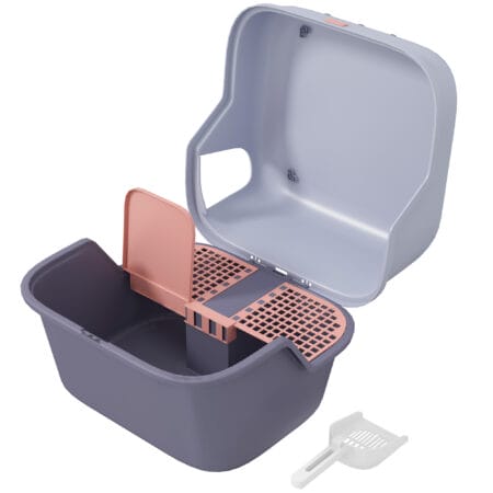 Violette Katzentoilette mit Deckel und Sieb, für Katzen bis 3.5kg.