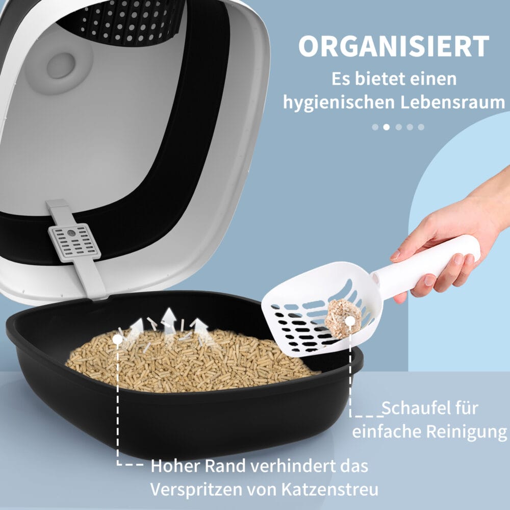 Weiss-schwarze Katzentoilette mit Deodorant, Masse 52x41x38cm, sorgt für frische Luft und Sauberkeit.
