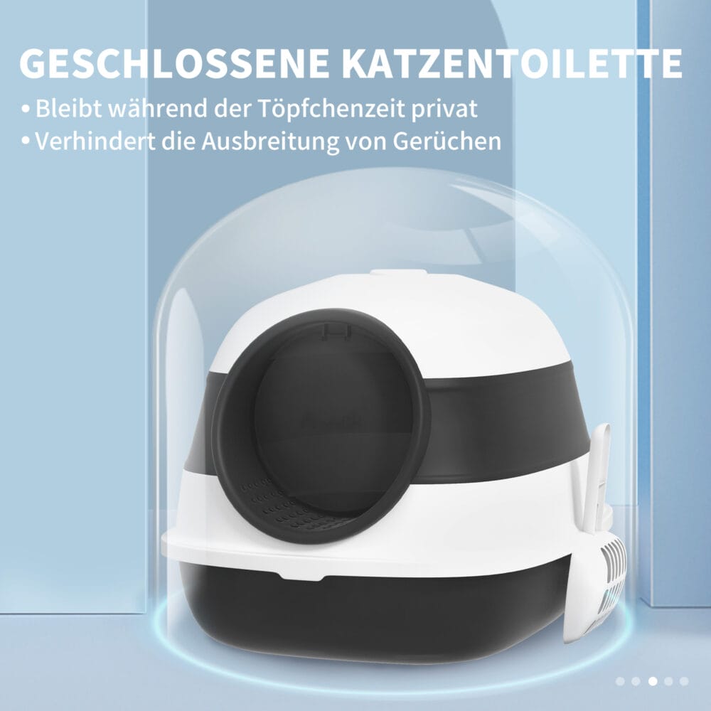 Weiss-schwarze Katzentoilette mit Deodorant, Masse 52x41x38cm, sorgt für frische Luft und Sauberkeit.