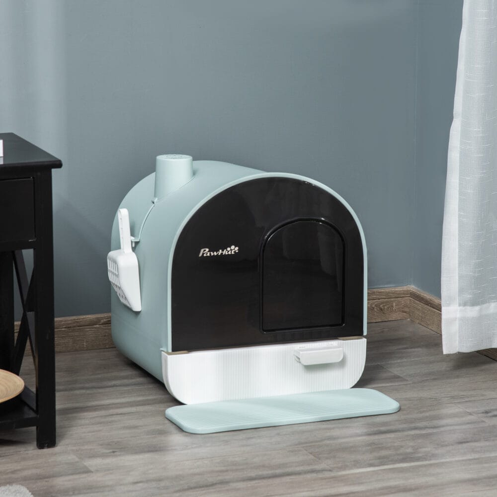 Grüne Katzentoilette mit Haube, für Katzen bis 5kg, reduziert Gerüche und Streuverteilung.