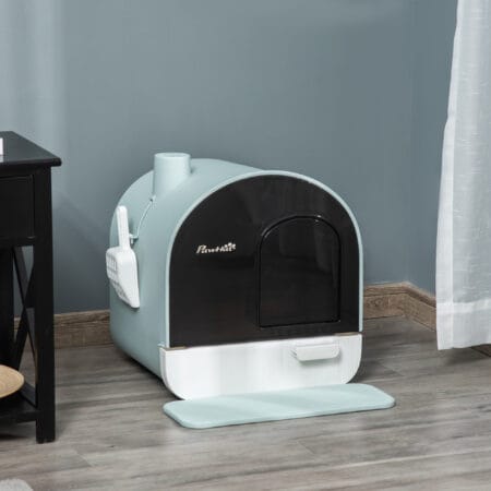 Grüne Katzentoilette mit Haube, für Katzen bis 5kg, reduziert Gerüche und Streuverteilung.