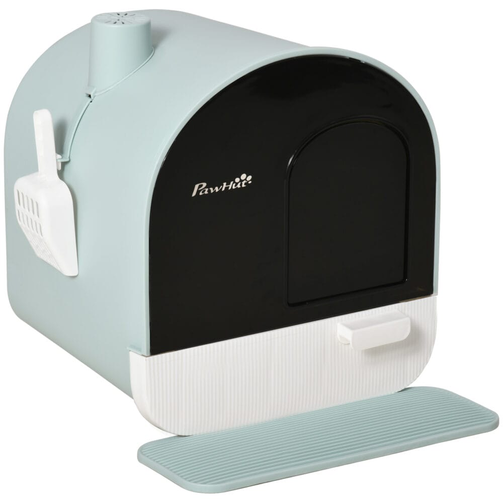 Grüne Katzentoilette mit Haube, für Katzen bis 5kg, reduziert Gerüche und Streuverteilung.