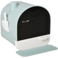 Grüne Katzentoilette mit Haube, für Katzen bis 5kg, reduziert Gerüche und Streuverteilung.