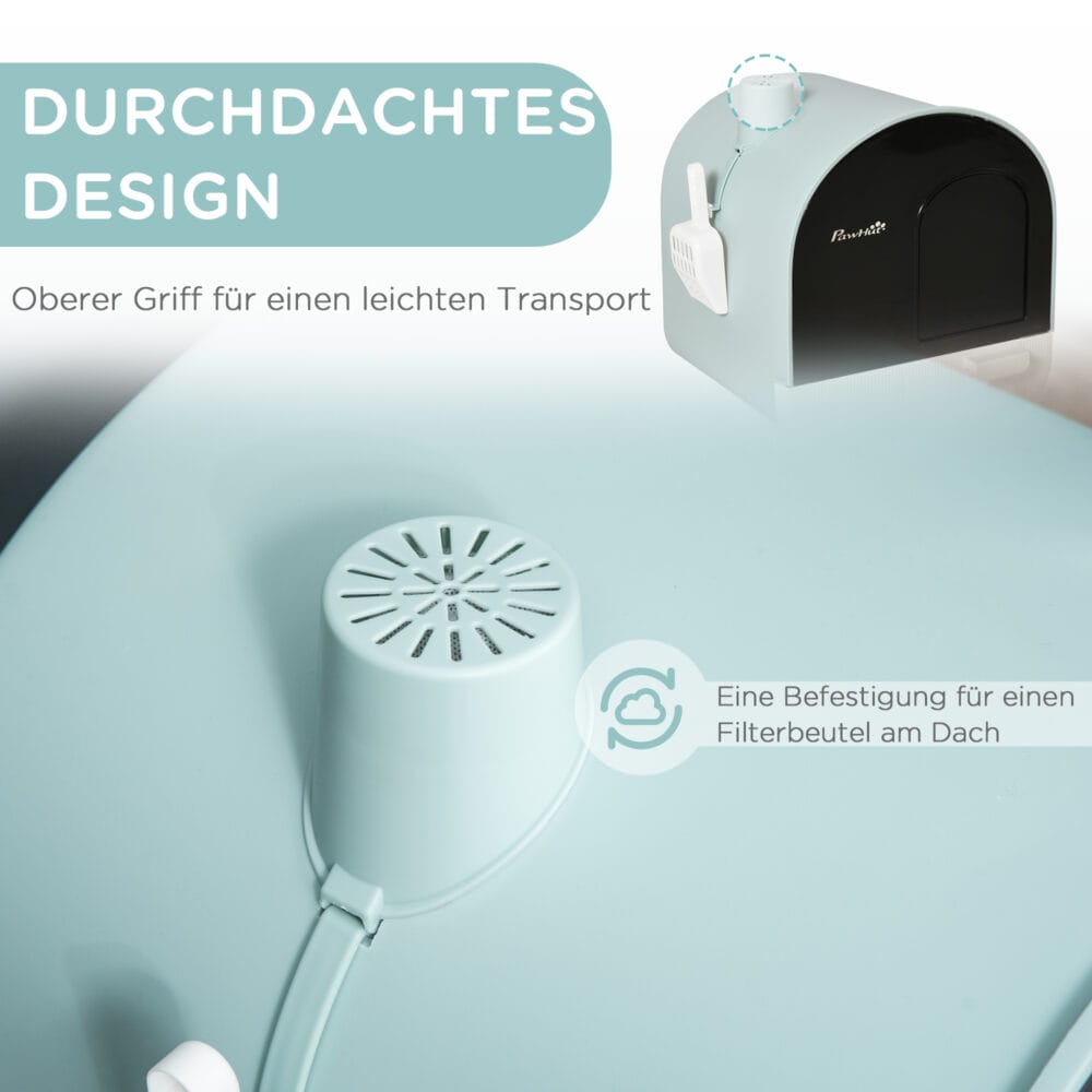 Grüne Katzentoilette mit Haube, für Katzen bis 5kg, reduziert Gerüche und Streuverteilung.