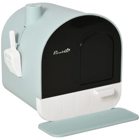 Grüne Katzentoilette mit Haube, für Katzen bis 5kg, reduziert Gerüche und Streuverteilung.