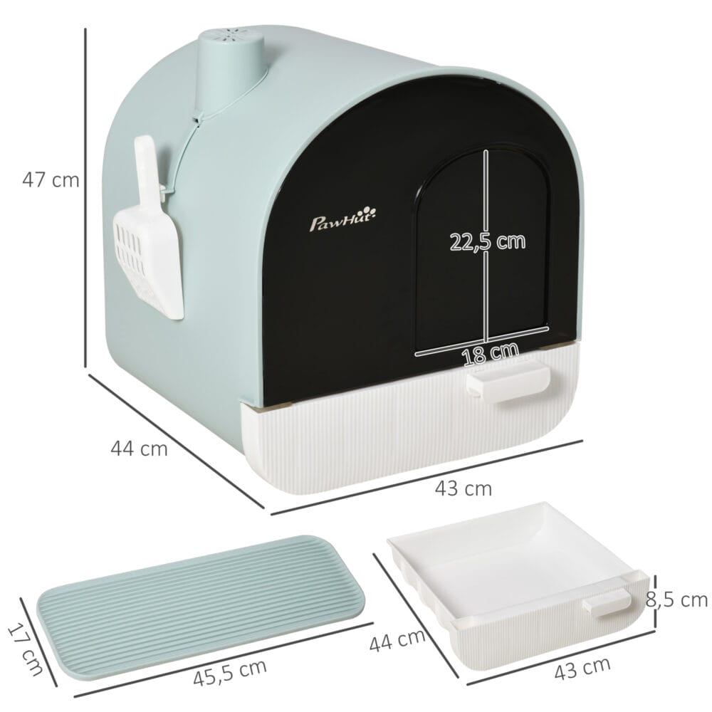 Grüne Katzentoilette mit Haube, für Katzen bis 5kg, reduziert Gerüche und Streuverteilung.