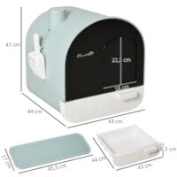 Grüne Katzentoilette mit Haube, für Katzen bis 5kg, reduziert Gerüche und Streuverteilung.