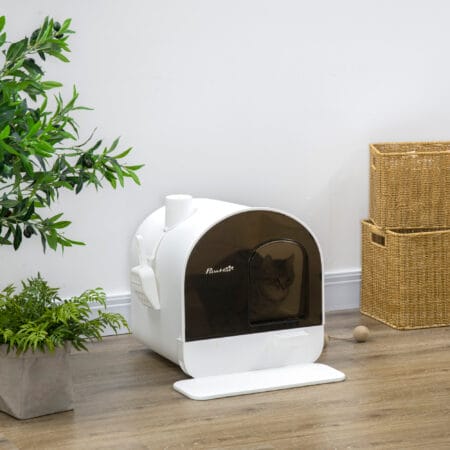 Weisse Katzentoilette mit Haube und integrierter Matte, für Katzen bis 5kg, sorgt für Sauberkeit und Komfort.
