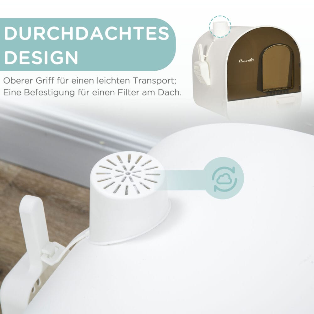 Weisse Katzentoilette mit Haube und integrierter Matte, für Katzen bis 5kg, sorgt für Sauberkeit und Komfort.