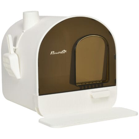 Weisse Katzentoilette mit Haube und integrierter Matte, für Katzen bis 5kg, sorgt für Sauberkeit und Komfort.