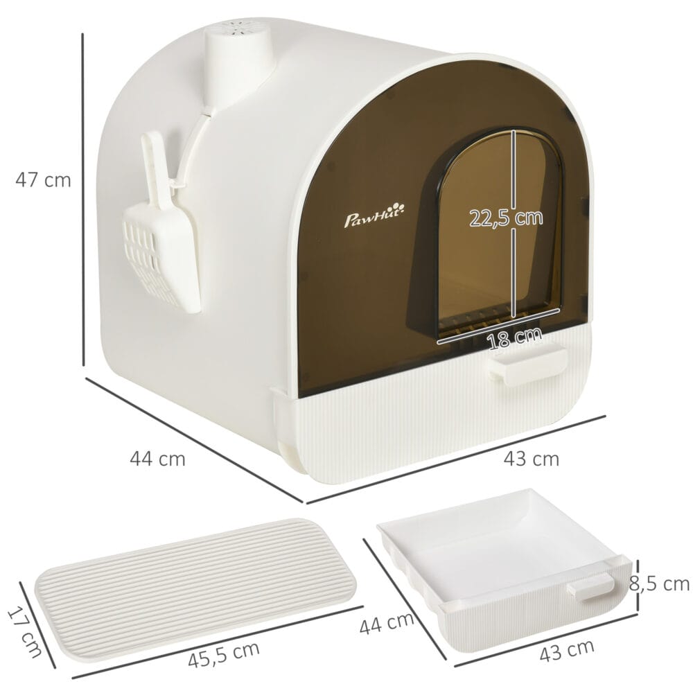 Weisse Katzentoilette mit Haube und integrierter Matte, für Katzen bis 5kg, sorgt für Sauberkeit und Komfort.