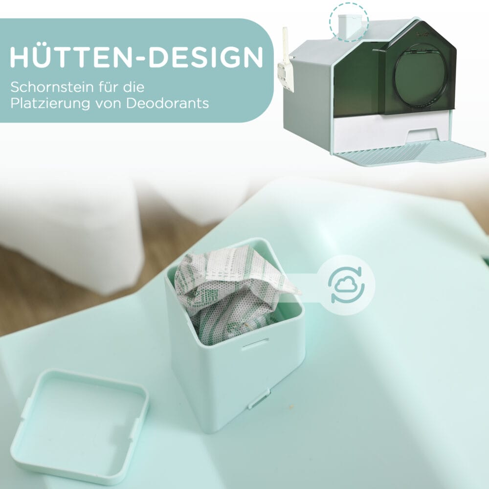 Hellblaue Haubentoilette für Katzen bis 5kg, Masse 47x45x42cm, bietet Privatsphäre und Hygiene.