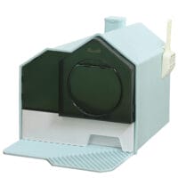 Hellblaue Haubentoilette für Katzen bis 5kg, Masse 47x45x42cm, bietet Privatsphäre und Hygiene.