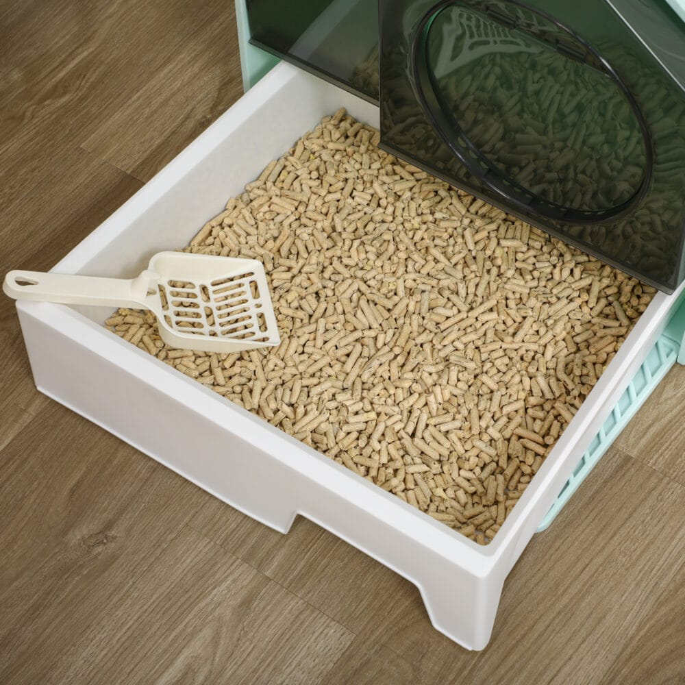 Hellblaue Haubentoilette für Katzen bis 5kg, Masse 47x45x42cm, bietet Privatsphäre und Hygiene.