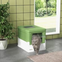 Graue Katzentoilette mit Schaufel, Masse 47.5x35.5x36.7cm, für einfache und hygienische Reinigung.