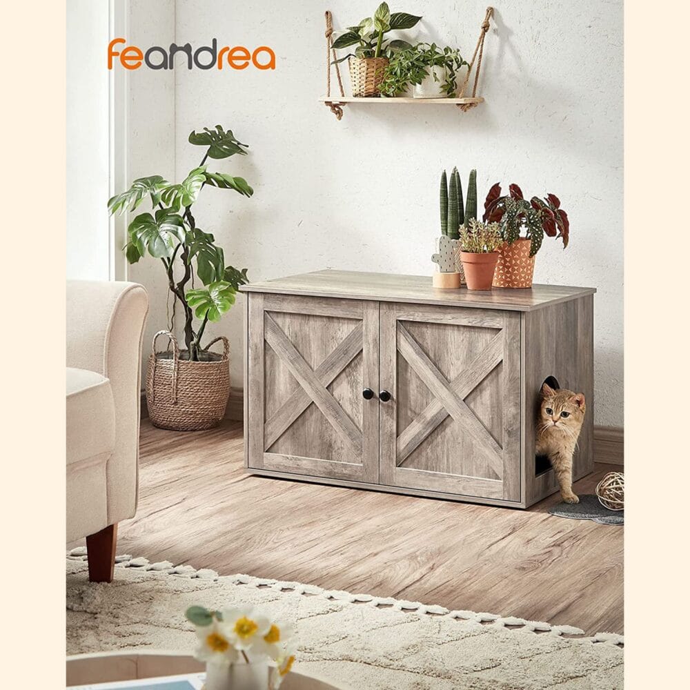 Katzentoilettenschrank aus Holz in Greige, verstecktes Katzenklo, 80x50cm Stauraum