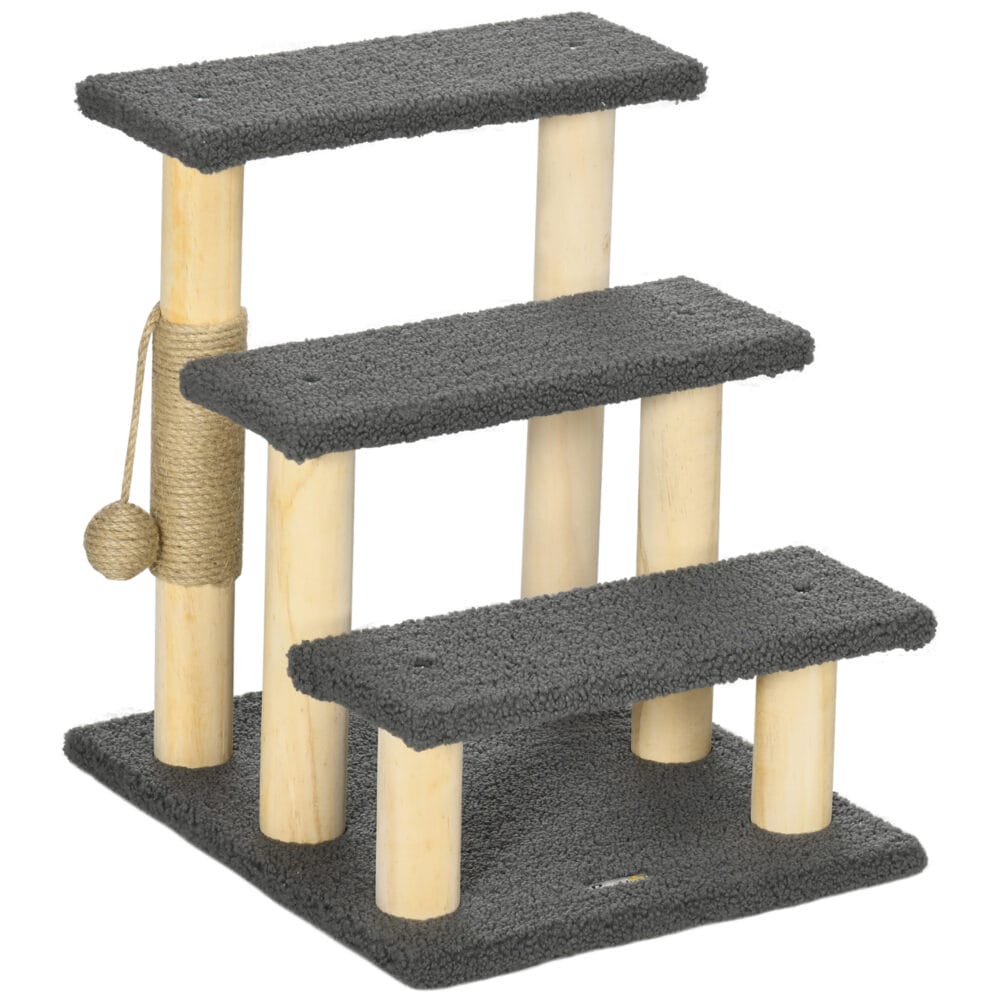 Graue 3-Stufen-Katzentreppe aus Teddystoff, ideal für kleine Katzen, um höher gelegene Orte zu erreichen.