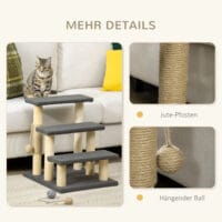 Graue 3-Stufen-Katzentreppe aus Teddystoff, ideal für kleine Katzen, um höher gelegene Orte zu erreichen.