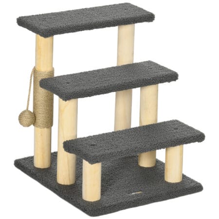 Graue 3-Stufen-Katzentreppe aus Teddystoff, ideal für kleine Katzen, um höher gelegene Orte zu erreichen.