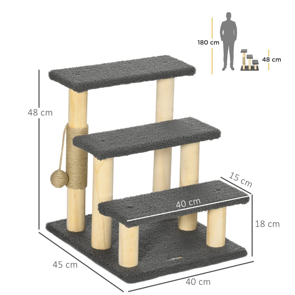 Graue 3-Stufen-Katzentreppe aus Teddystoff, ideal für kleine Katzen, um höher gelegene Orte zu erreichen.