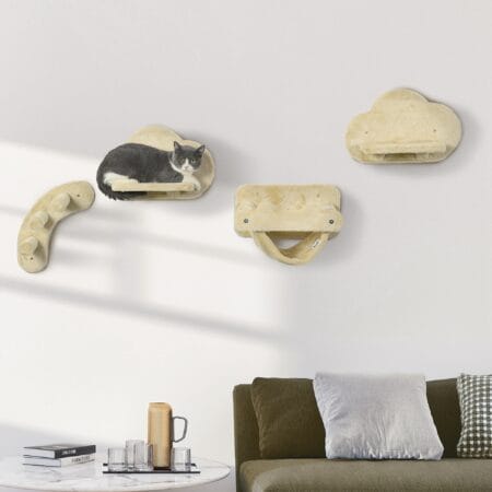 Beiges 4-teiliges Katzentreppen-Kletterwand-Set mit Hängematte, stabil und modular für den Aufbau an der Wand.