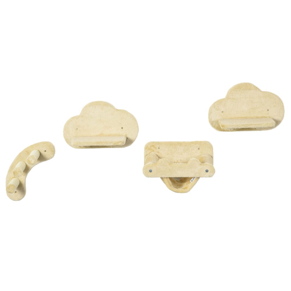 Beiges 4-teiliges Katzentreppen-Kletterwand-Set mit Hängematte, stabil und modular für den Aufbau an der Wand.