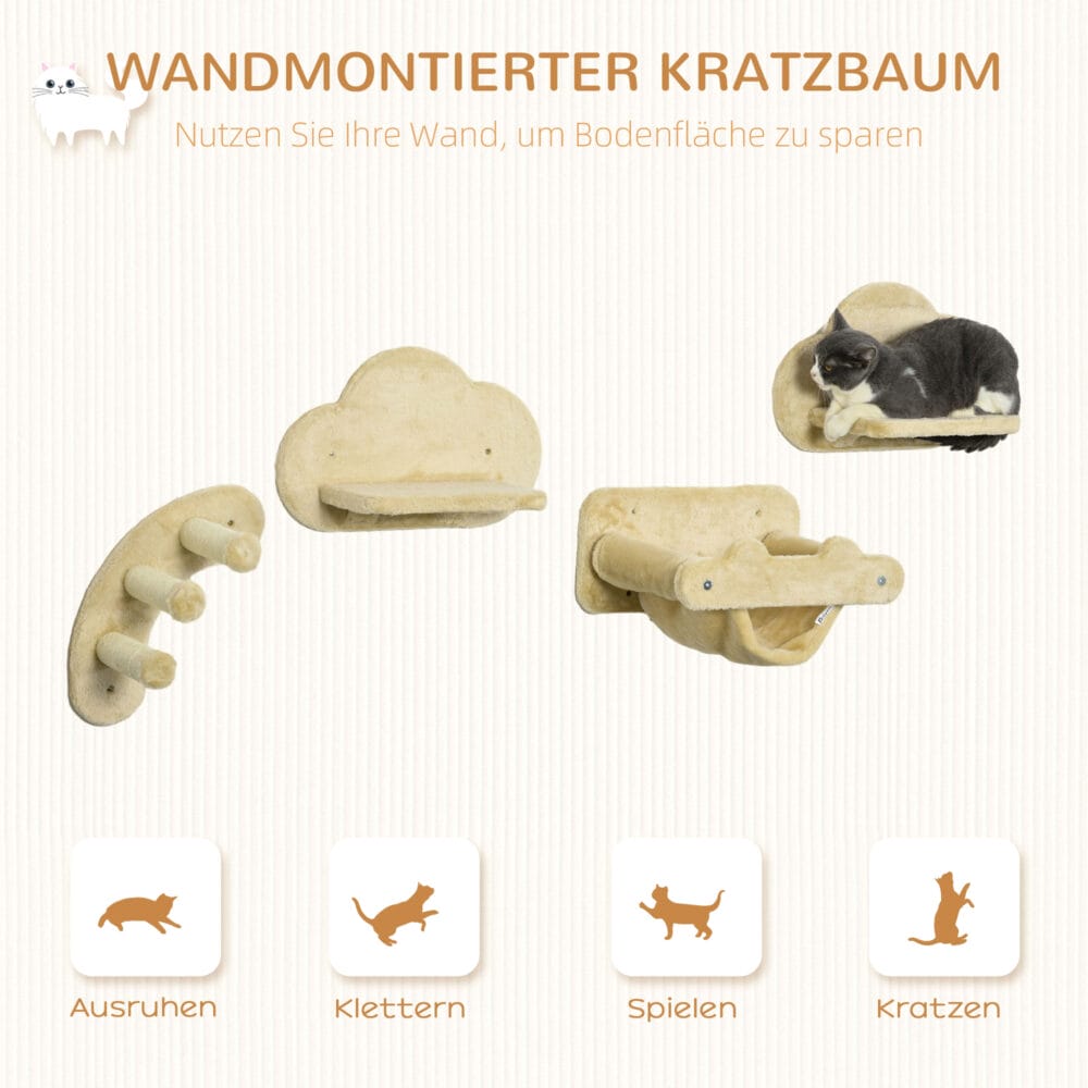 Beiges 4-teiliges Katzentreppen-Kletterwand-Set mit Hängematte, stabil und modular für den Aufbau an der Wand.