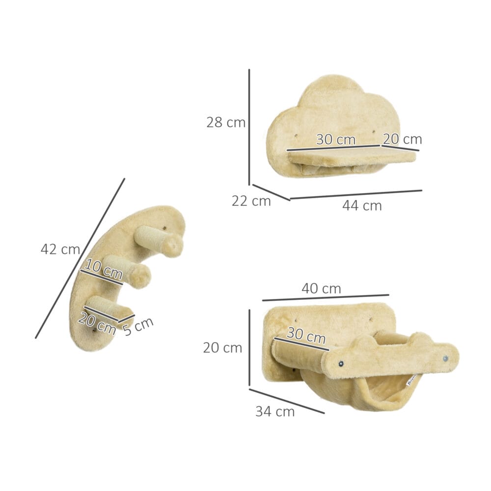Beiges 4-teiliges Katzentreppen-Kletterwand-Set mit Hängematte, stabil und modular für den Aufbau an der Wand.