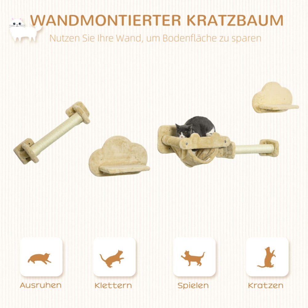 Beiges 5-teiliges Katzentreppen-Kletterwand-Set in Wolkenform mit Hängematte, ein dekoratives und funktionales Katzenmöbel.