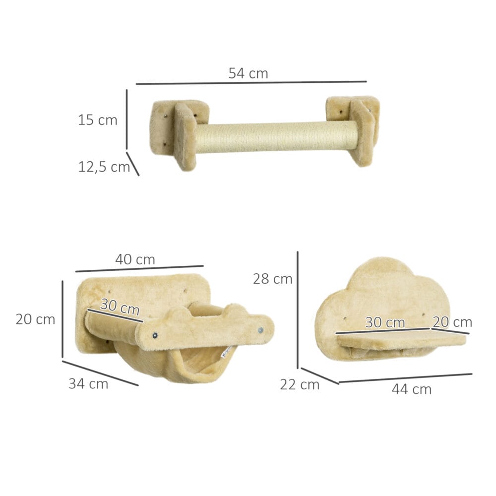 Beiges 5-teiliges Katzentreppen-Kletterwand-Set in Wolkenform mit Hängematte, ein dekoratives und funktionales Katzenmöbel.