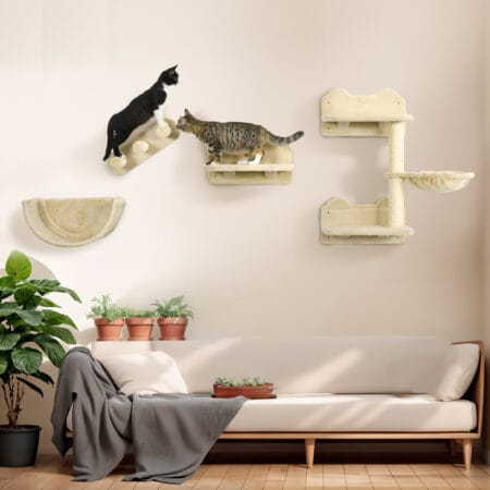 Braune 4-teilige Katzenkletterwand mit Hängematte, belastbar bis 5kg.