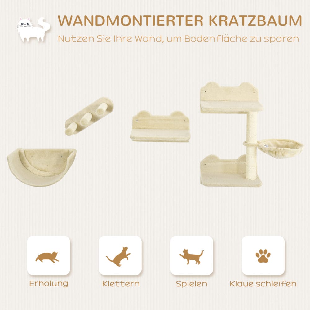 Braune 4-teilige Katzenkletterwand mit Hängematte, belastbar bis 5kg.