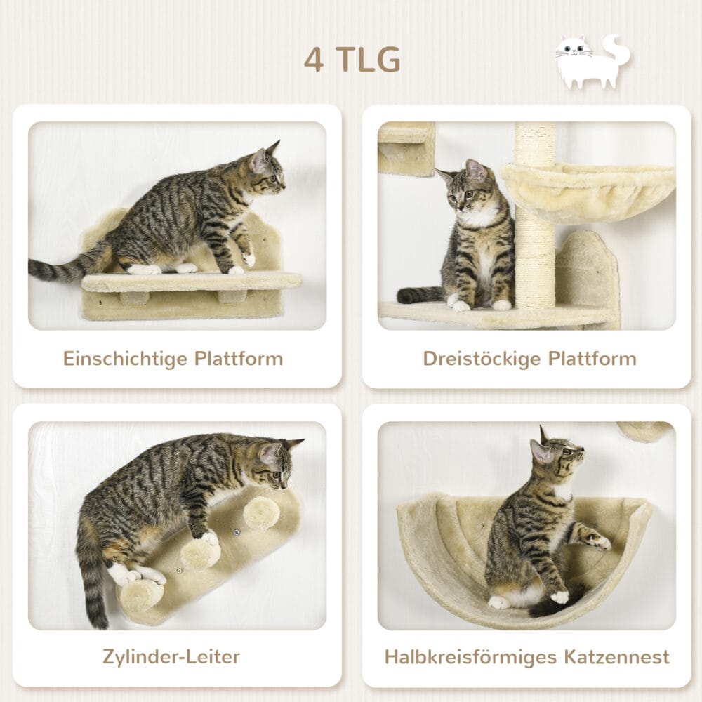 Braune 4-teilige Katzenkletterwand mit Hängematte, belastbar bis 5kg.