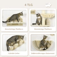 Braune 4-teilige Katzenkletterwand mit Hängematte, belastbar bis 5kg.
