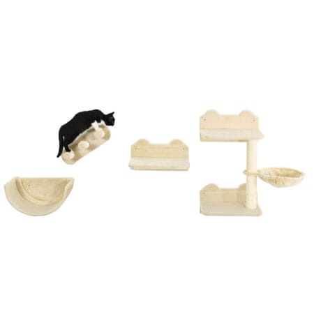 Braune 4-teilige Katzenkletterwand mit Hängematte, belastbar bis 5kg.