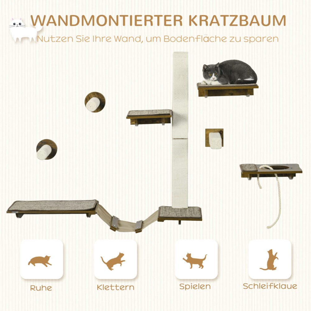 Braunes 8-teiliges Katzentreppen-Kletterwand-Set aus Sisal, als Katzenmöbel konzipiert, bietet einen anspruchsvollen Kletterparcours.