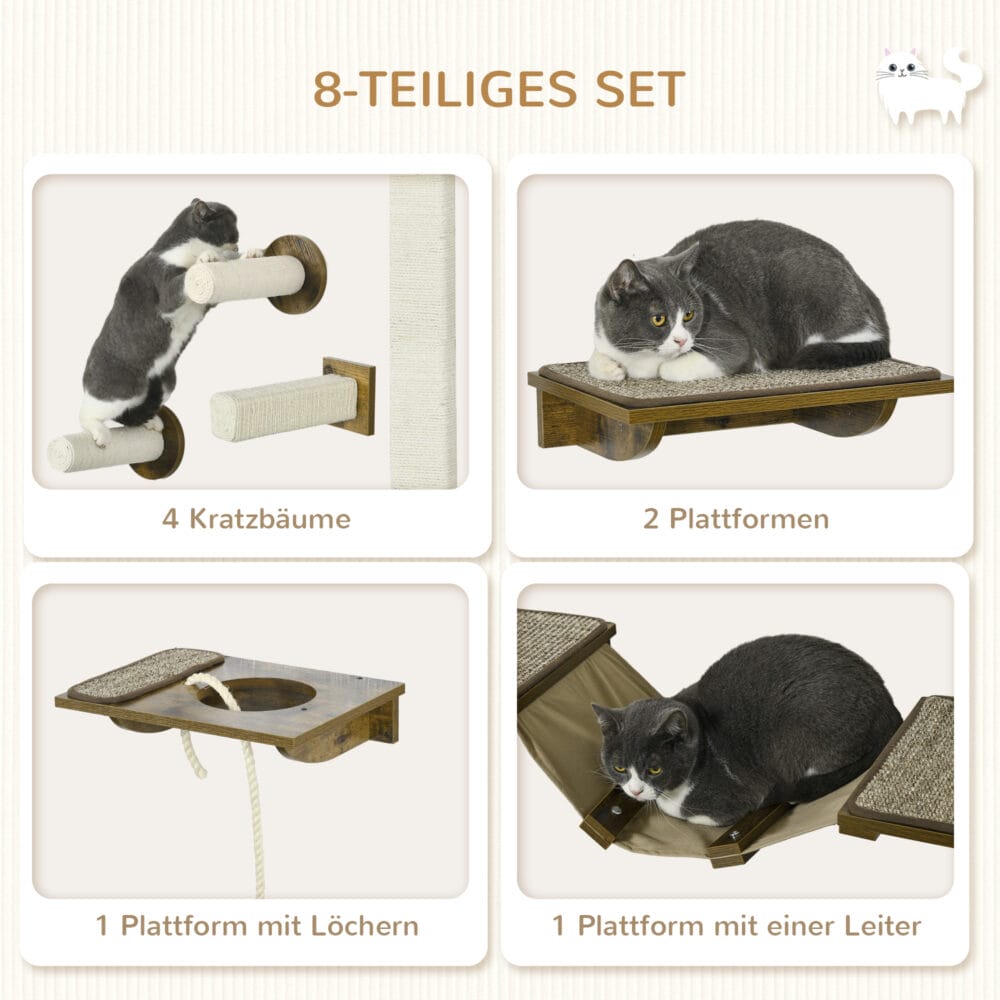 Braunes 8-teiliges Katzentreppen-Kletterwand-Set aus Sisal, als Katzenmöbel konzipiert, bietet einen anspruchsvollen Kletterparcours.