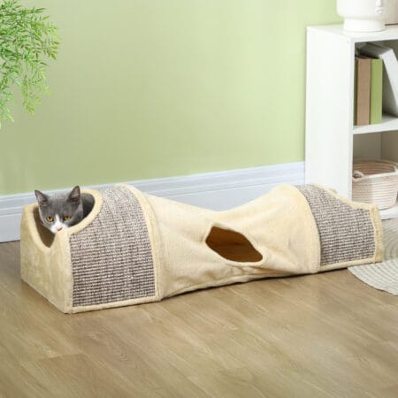 Beiger faltbarer Katzentunnel mit drei Öffnungen, für Katzen bis 6kg.