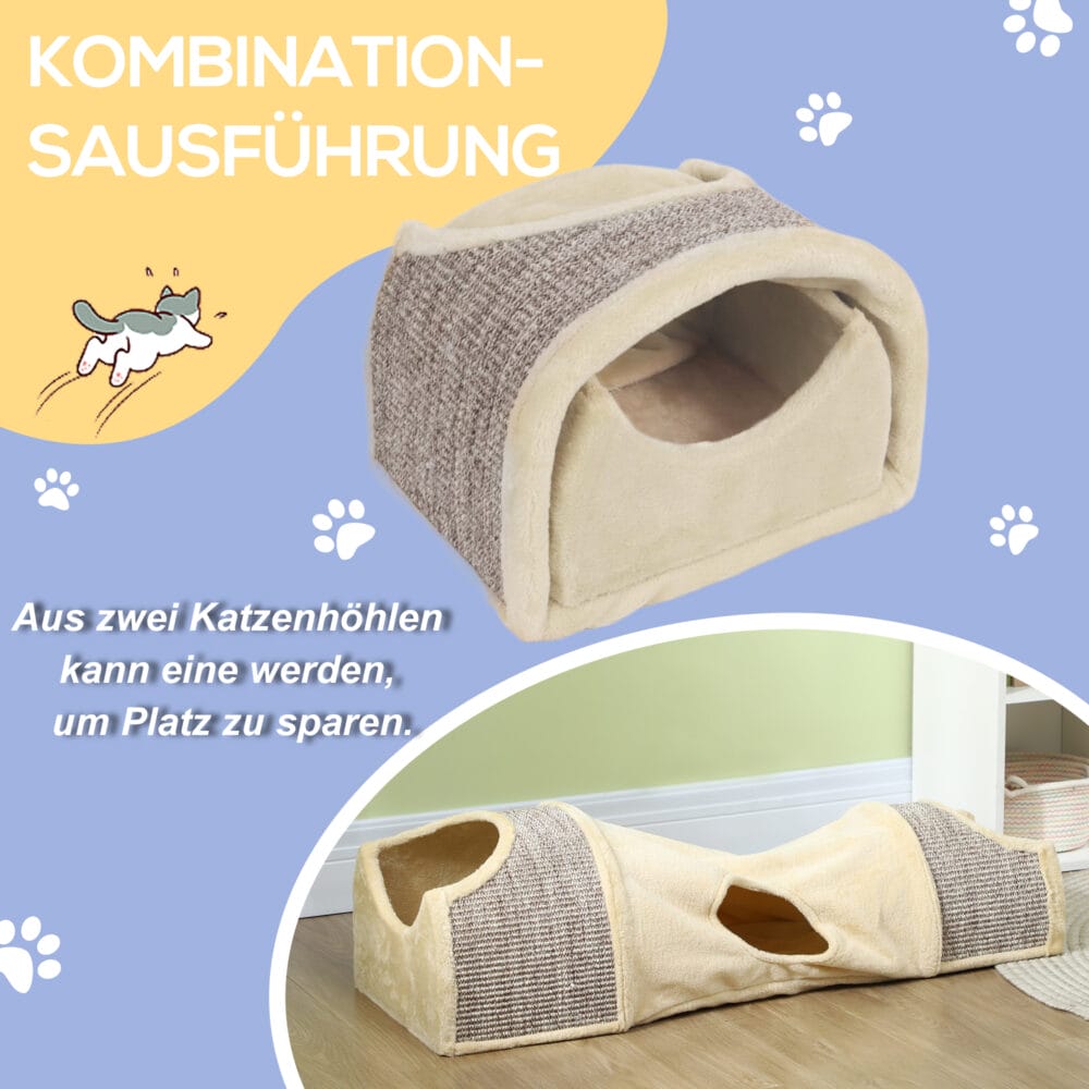 Beiger faltbarer Katzentunnel mit drei Öffnungen, für Katzen bis 6kg.