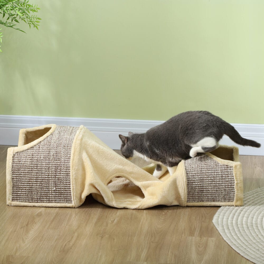 Beiger faltbarer Katzentunnel mit drei Öffnungen, für Katzen bis 6kg.