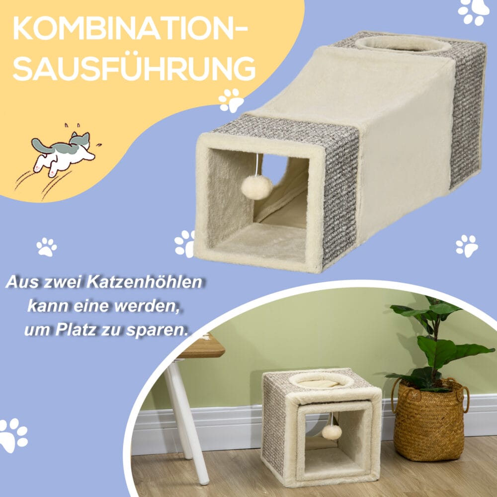 Braun-beiger Katzentunnel aus Sisal mit integriertem Spielball.