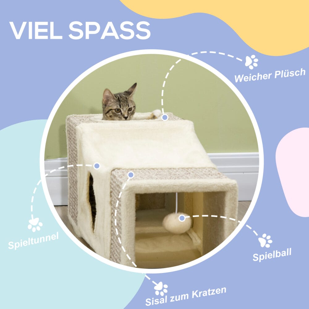Braun-beiger Katzentunnel aus Sisal mit integriertem Spielball.