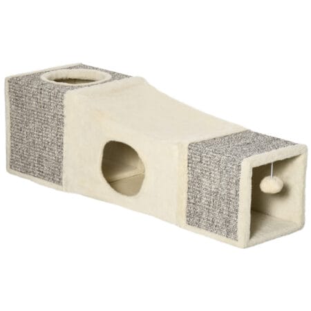 Braun-beiger Katzentunnel aus Sisal mit integriertem Spielball.