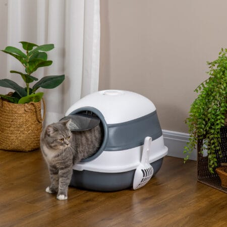 Weiss-graues Katzenzubehör, geruchshemmend, hygienisch und kompakt, für eine saubere Umgebung.