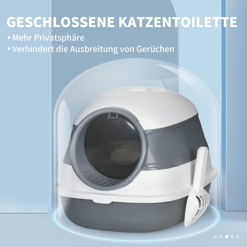 Weiss-graues Katzenzubehör, geruchshemmend, hygienisch und kompakt, für eine saubere Umgebung.