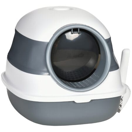 Weiss-graues Katzenzubehör, geruchshemmend, hygienisch und kompakt, für eine saubere Umgebung.