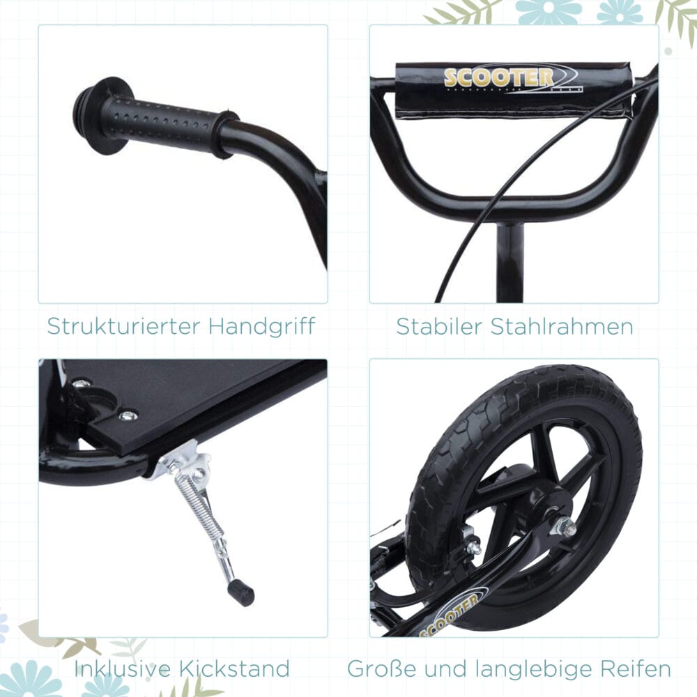 Schwarzer Kickscooter mit 12 Zoll Rädern und höhenverstellbarem Lenker