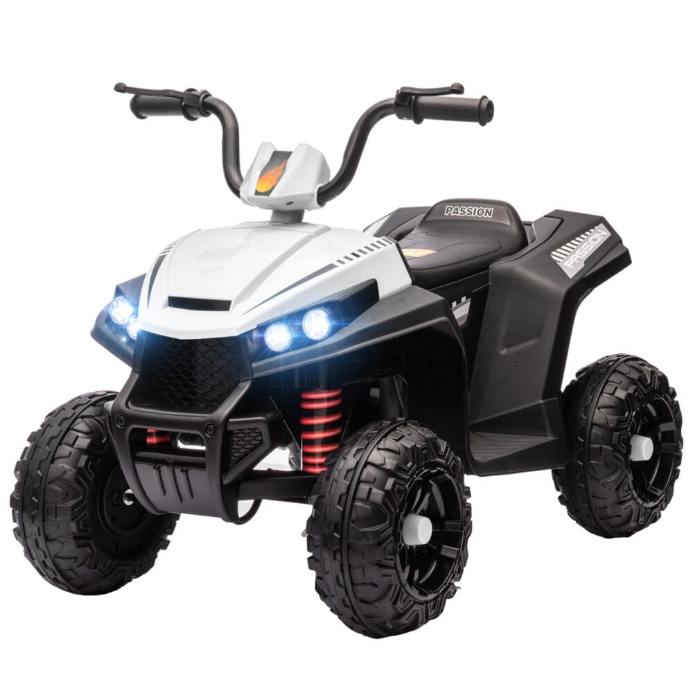 Weisses 12V Kinder-Quad mit 4-Rad-Federung und MP3-Funktion, ideal für 3-5 Jahre. Bietet Fahrkomfort und Unterhaltung auf jedem Terrain.