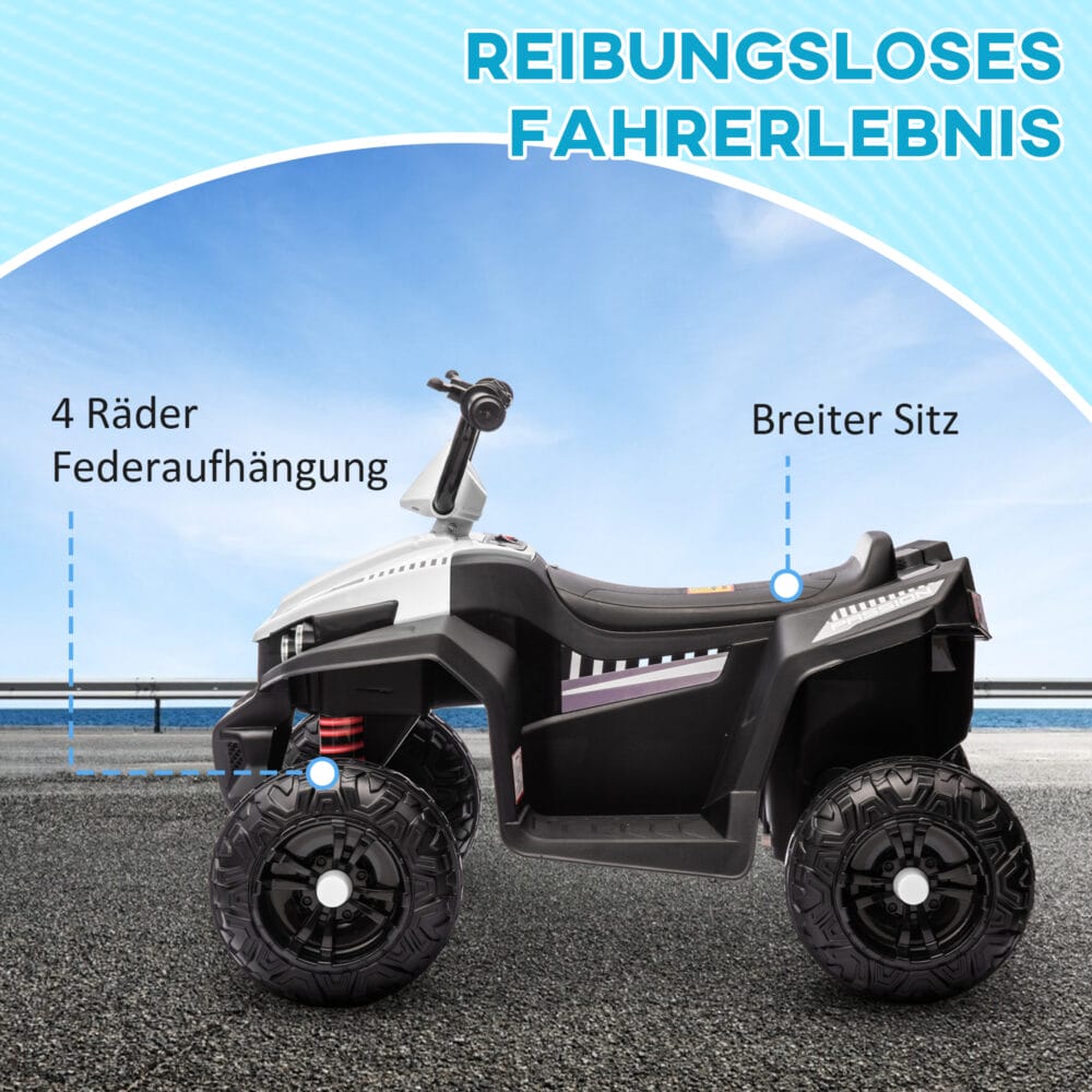 Weisses 12V Kinder-Quad mit 4-Rad-Federung und MP3-Funktion, ideal für 3-5 Jahre. Bietet Fahrkomfort und Unterhaltung auf jedem Terrain.